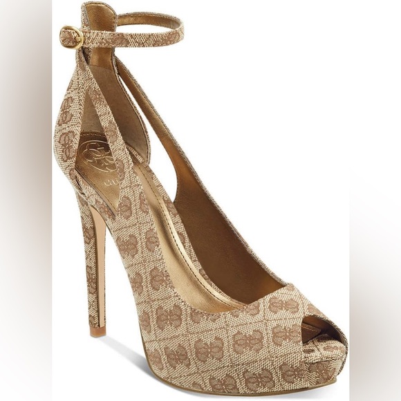 NWT Guess Los Angeles Womens Holie2 Dress Platform Pumps Natural Multi Fabric 9M - Picture 1 of 9